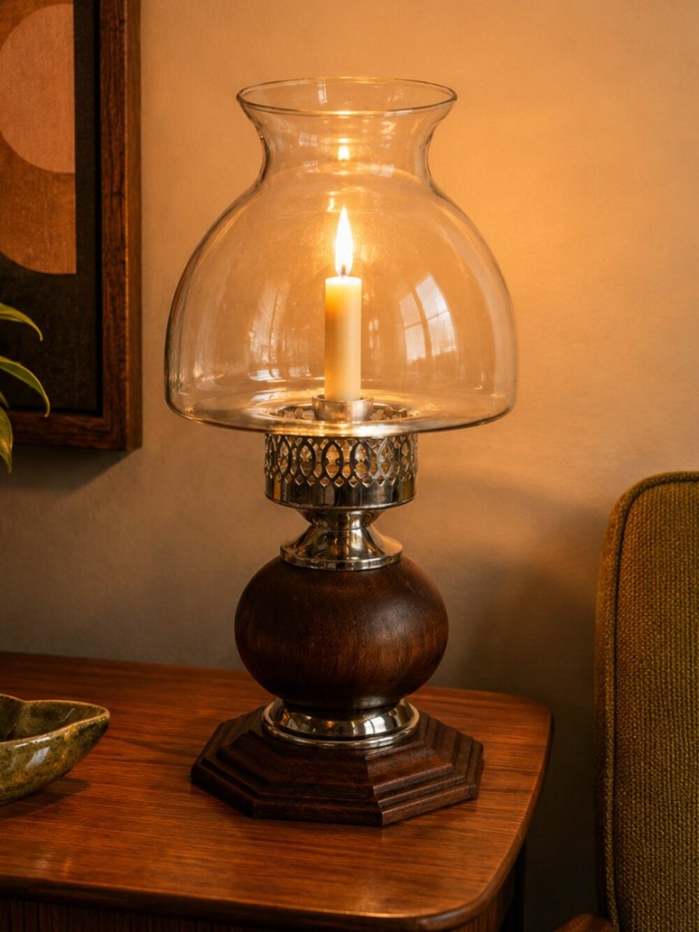 Vintage MCM Wood & Silver Candle Lamp Glass Hurricane Shade 13"